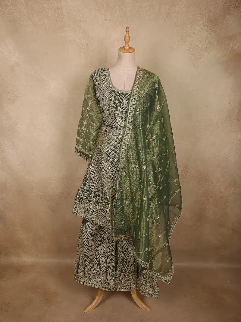Antique Olive Green Floral Zari Embroidered And Stone Embellished Design Organza Palazzo Suit With Dupatta 1