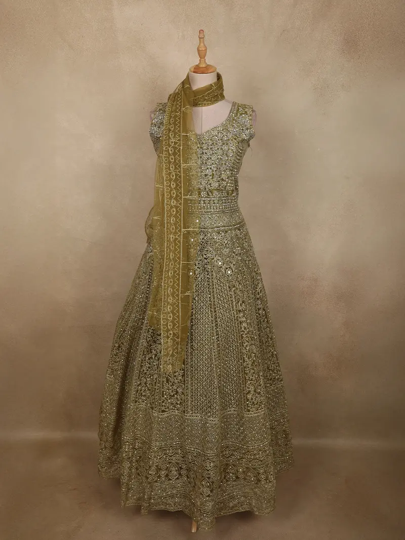 Antique Olive Green Heavy Zari And Sequins Embroidered Design Net Anarkali Gown With Dupatta 1