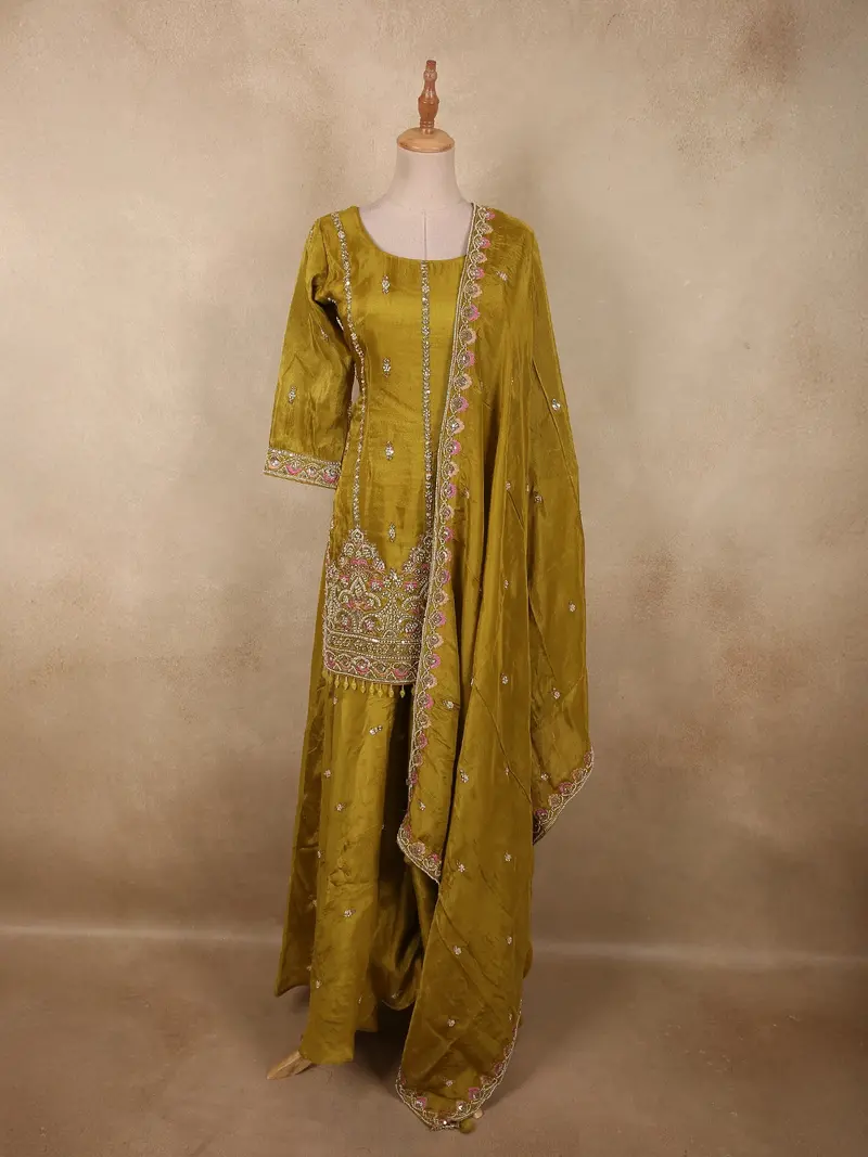 Antique Olive Mustard Green Floral Sequins And Beads Embroidered Design Organza Palazzo Suit With Dupatta 1