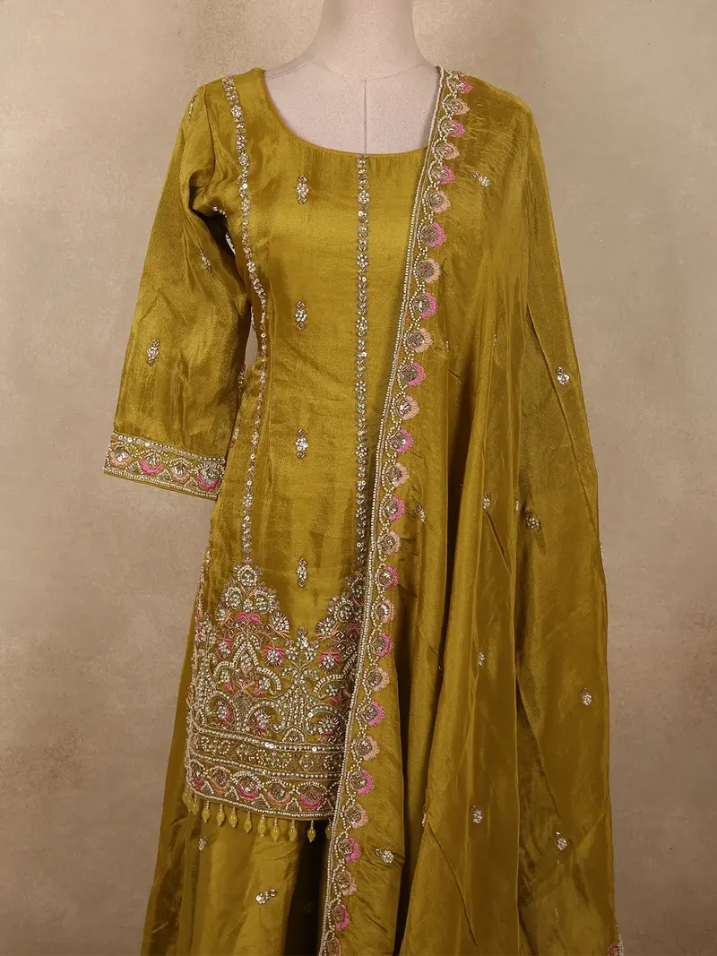 Antique Olive Mustard Green Floral Sequins And Beads Embroidered Design Organza Palazzo Suit With Dupatta 2
