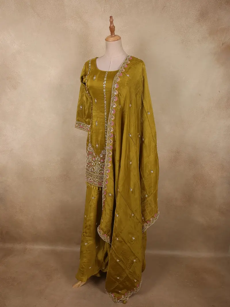 Antique Olive Mustard Green Floral Sequins And Beads Embroidered Design Organza Palazzo Suit With Dupatta 3