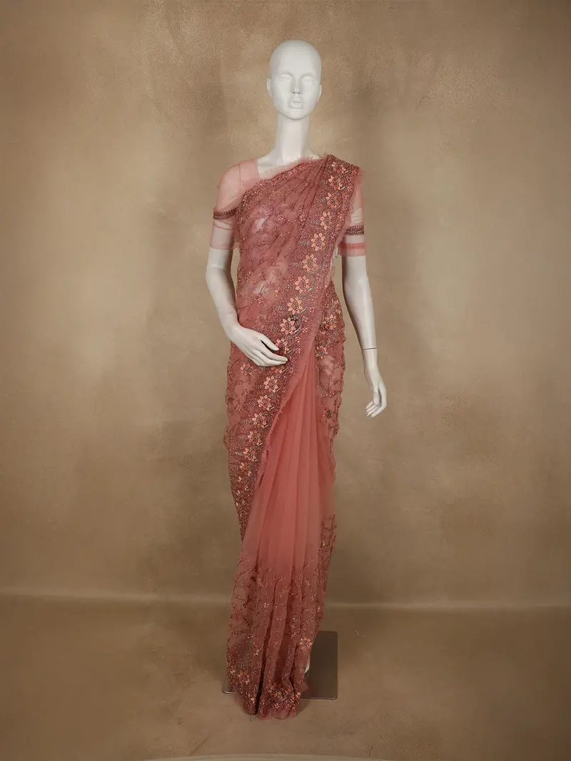 Antique Rose Pink Floral Embroidered Design Net Designer Saree 1