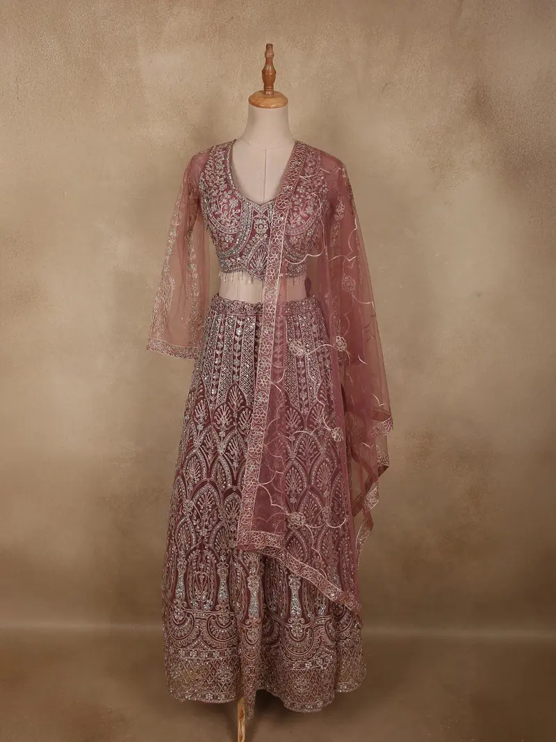 Antique Rosewood Mauve Pink Zari Embroidered And Stone Embellished Design Net Lehenga With Net Dupatta 1