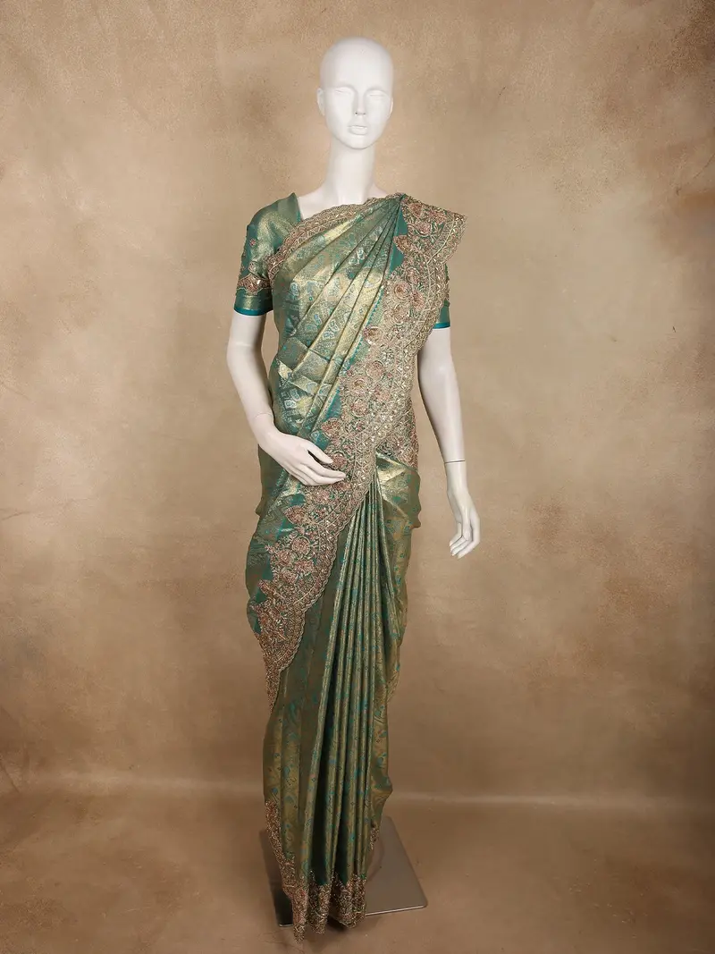 Antique Teal Green Floral Sequins And Zari Embroidered Design Tissue Banarasi Saree With Designer Border 1