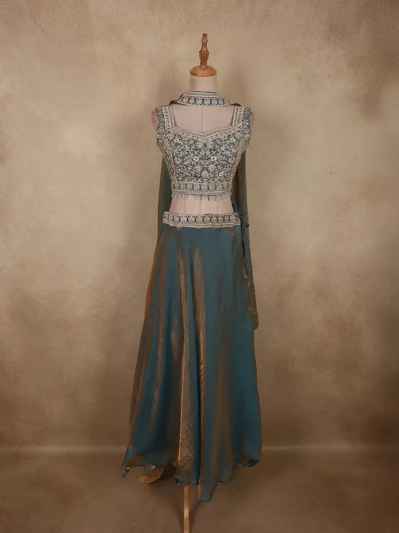 Antique Teal Green Sequin And Beads Embroidered Design Organza Lehenga With Dupatta 1