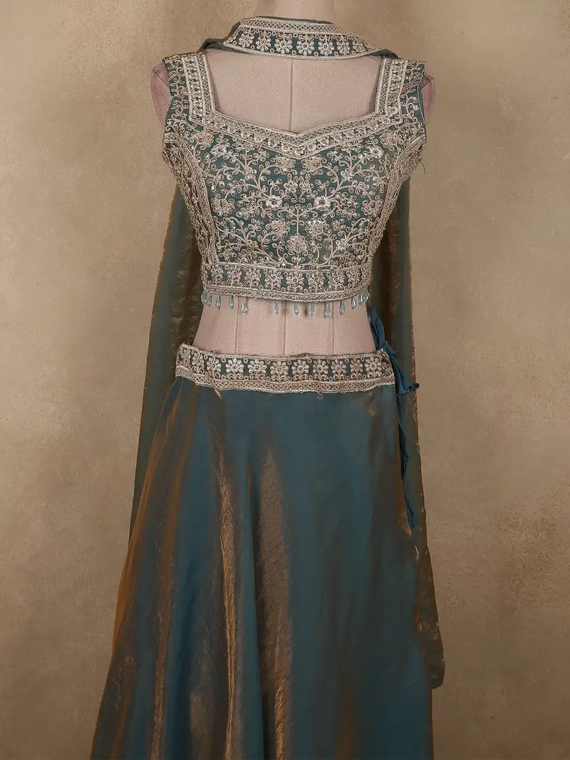 Antique Teal Green Sequin And Beads Embroidered Design Organza Lehenga With Dupatta 2
