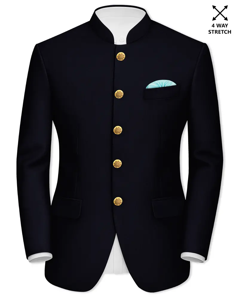 Aozora-Japanese Marine Blue 4-Way Stretch Wrinkle-Free Wool Rich Bandhgala Blazer 1