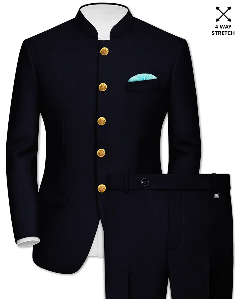 Aozora-Japanese Marine Blue 4-Way Stretch Wrinkle-Free Wool Rich Bandhgala Suit 1