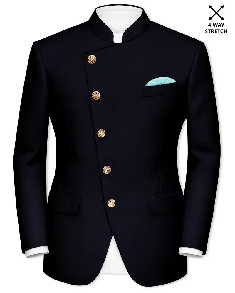 Aozora-Japanese Marine Blue 4-Way Stretch Wrinkle-Free Wool Rich Cross Placket Bandhgala Blazer 1