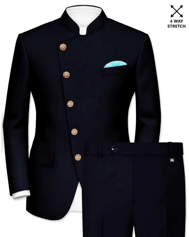 Aozora-Japanese Marine Blue 4-Way Stretch Wrinkle-Free Wool Rich Cross Placket Bandhgala Suit 1