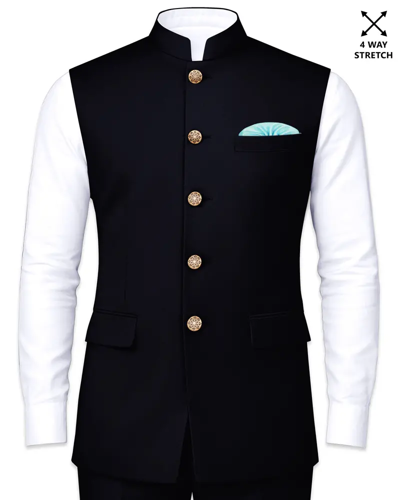 Aozora-Japanese Marine Blue 4-Way Stretch Wrinkle-Free Wool Rich Nehru Jacket 1