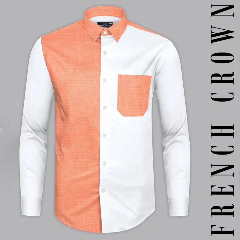 Apricot Orange With Bright White Half And Half Dobby Textured Premium Giza Cotton Designer Shirt 1