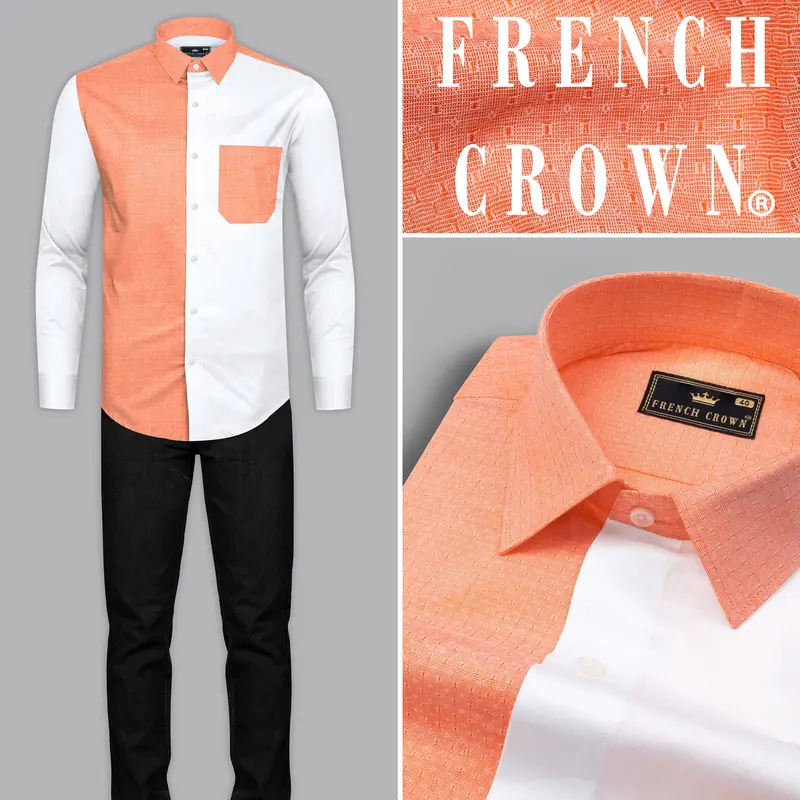 Apricot Orange With Bright White Half And Half Dobby Textured Premium Giza Cotton Designer Shirt 10