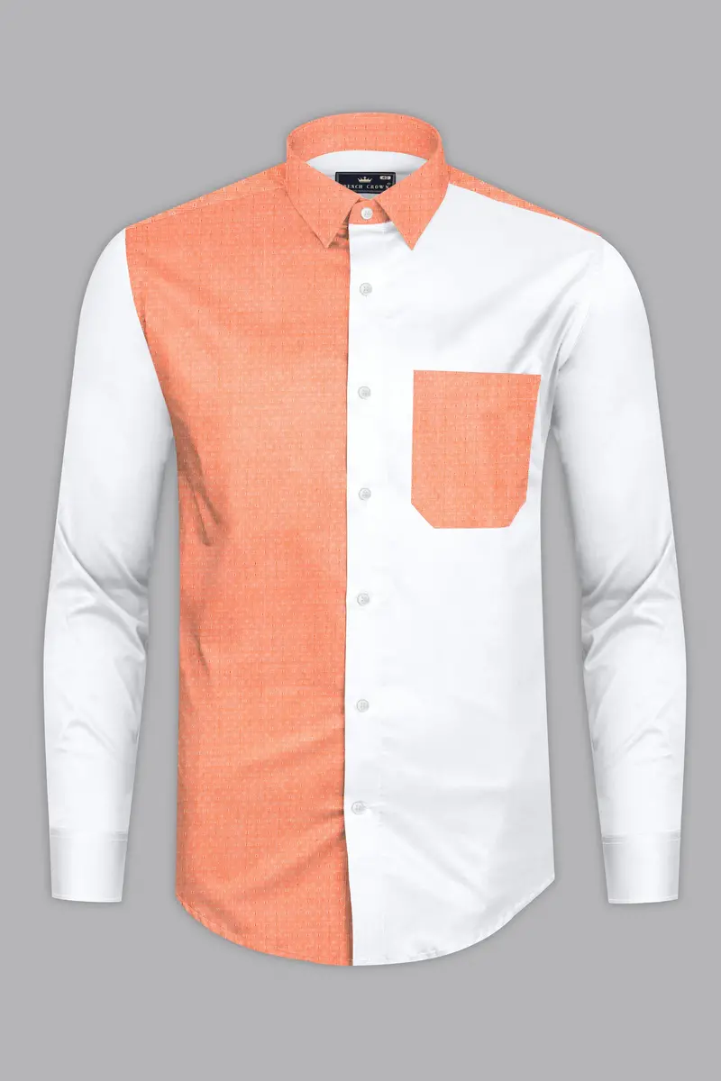 Apricot Orange With Bright White Half And Half Dobby Textured Premium Giza Cotton Designer Shirt 2