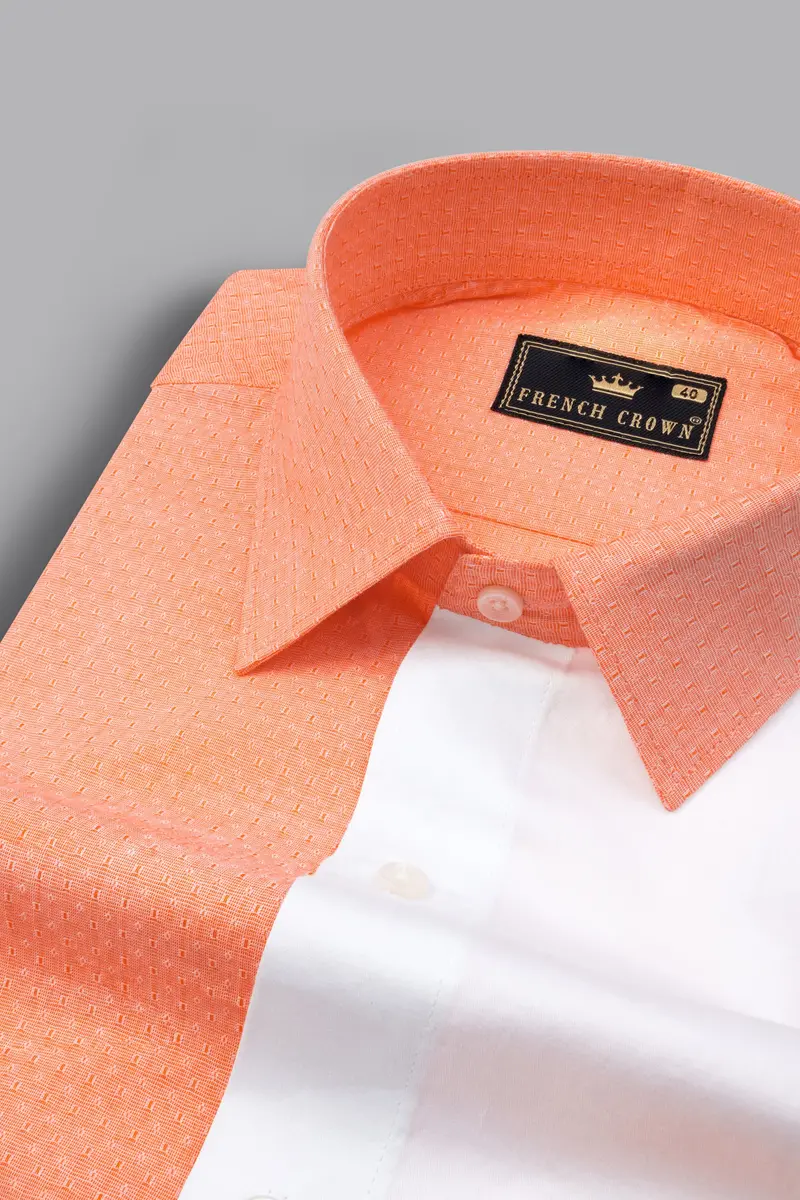Apricot Orange With Bright White Half And Half Dobby Textured Premium Giza Cotton Designer Shirt 4