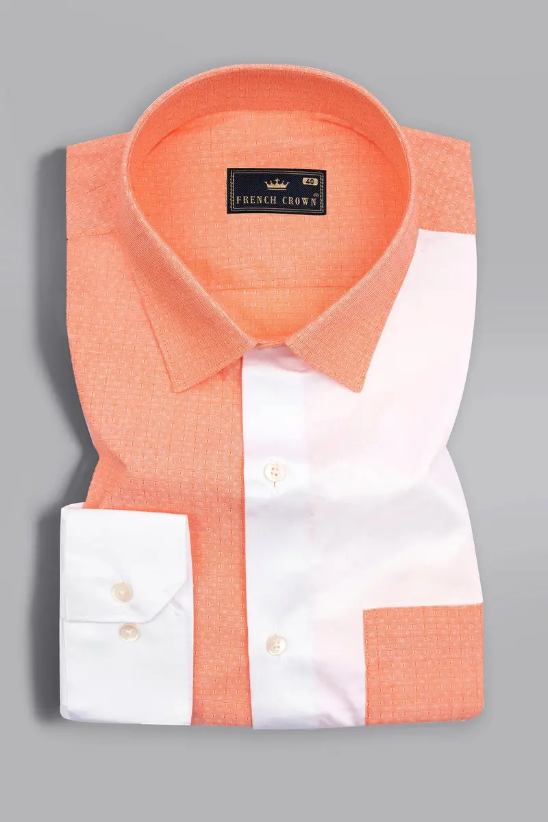 Apricot Orange With Bright White Half And Half Dobby Textured Premium Giza Cotton Designer Shirt 5