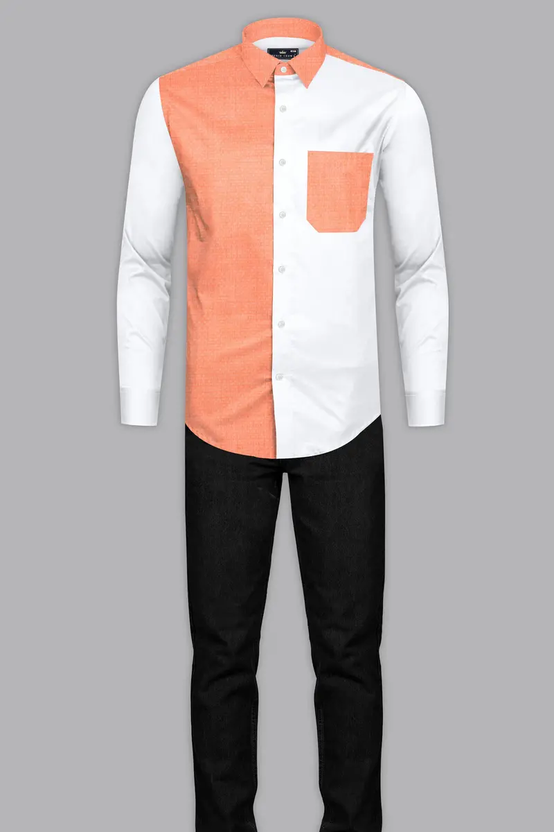 Apricot Orange With Bright White Half And Half Dobby Textured Premium Giza Cotton Designer Shirt 7