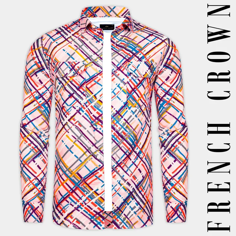 Apricot Pink And Glacial Blue Multicolour Printed Flannel Designer Overshirt/Shacket 1
