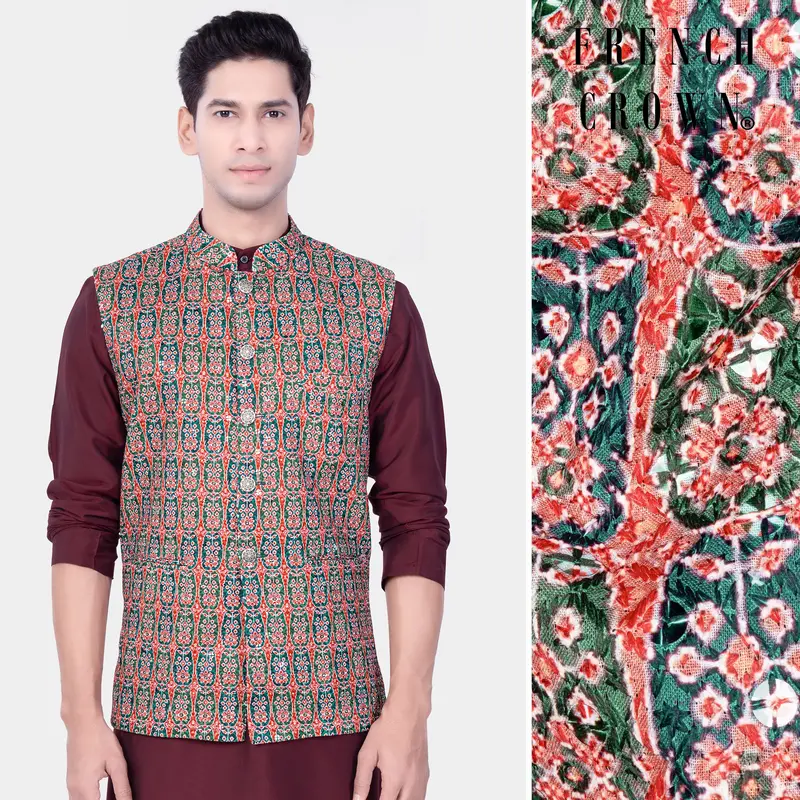 Apricot Red And Genoa Green Designer Thread Embroidered Nehru Jacket 1