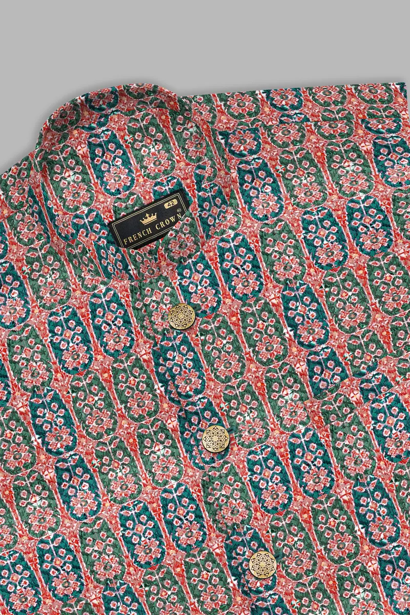 Apricot Red And Genoa Green Designer Thread Embroidered Nehru Jacket 10