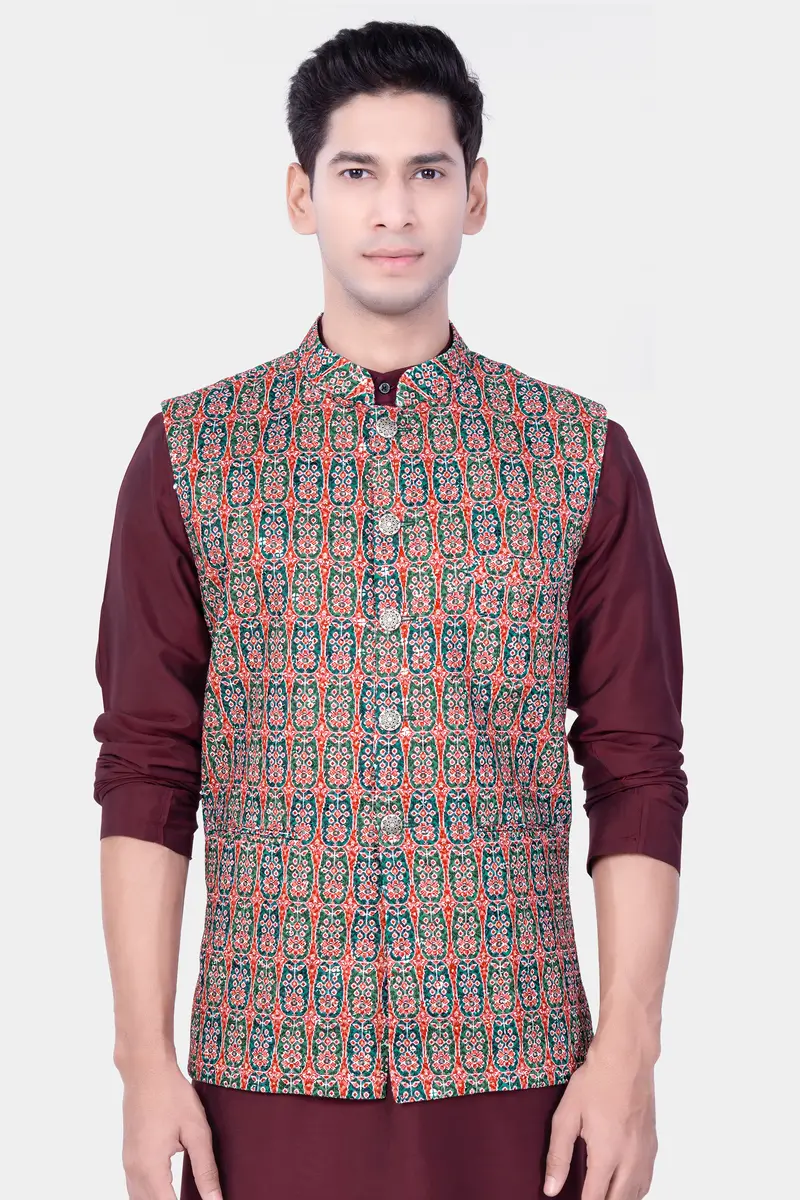 Apricot Red And Genoa Green Designer Thread Embroidered Nehru Jacket 2