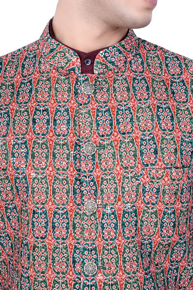 Apricot Red And Genoa Green Designer Thread Embroidered Nehru Jacket 4