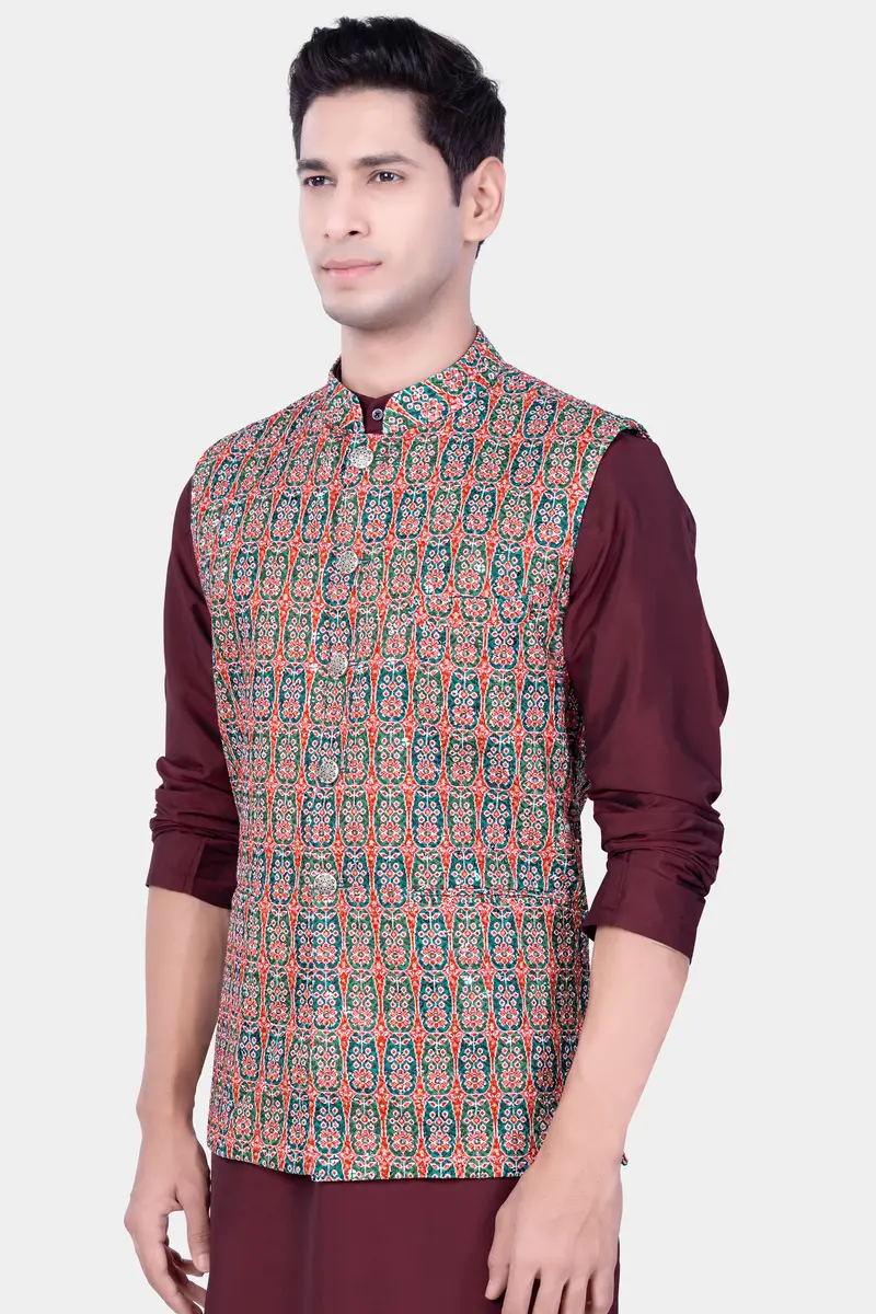 Apricot Red And Genoa Green Designer Thread Embroidered Nehru Jacket 5