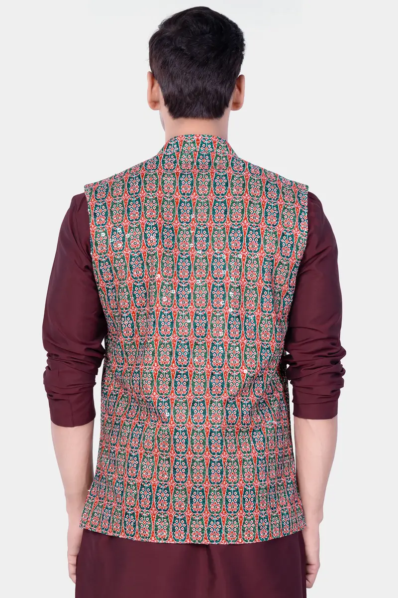 Apricot Red And Genoa Green Designer Thread Embroidered Nehru Jacket 6