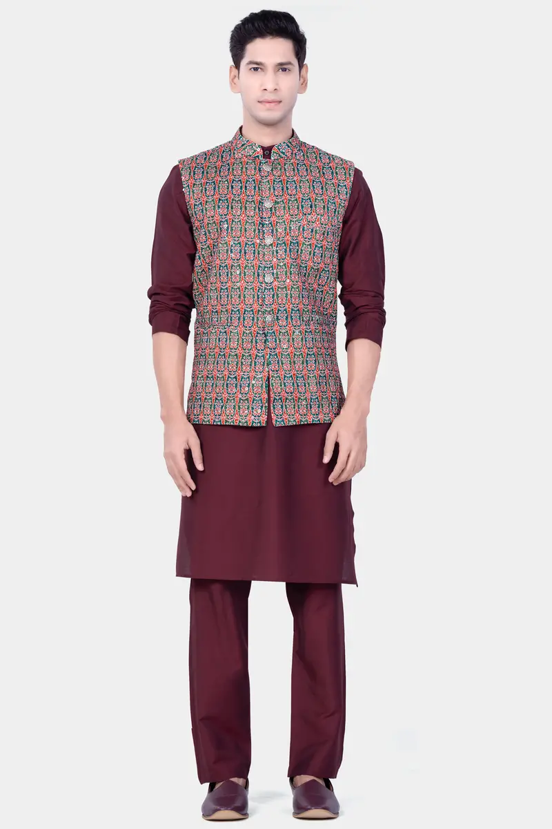 Apricot Red And Genoa Green Designer Thread Embroidered Nehru Jacket 7