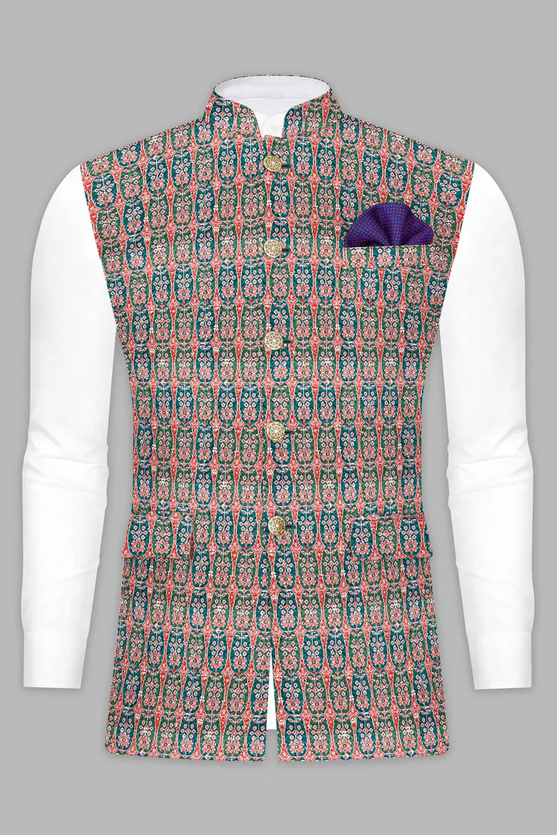 Apricot Red And Genoa Green Designer Thread Embroidered Nehru Jacket 8