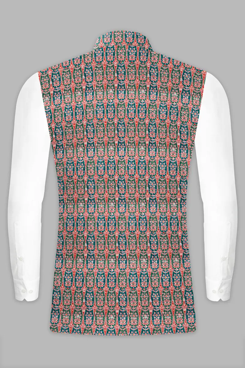 Apricot Red And Genoa Green Designer Thread Embroidered Nehru Jacket 9