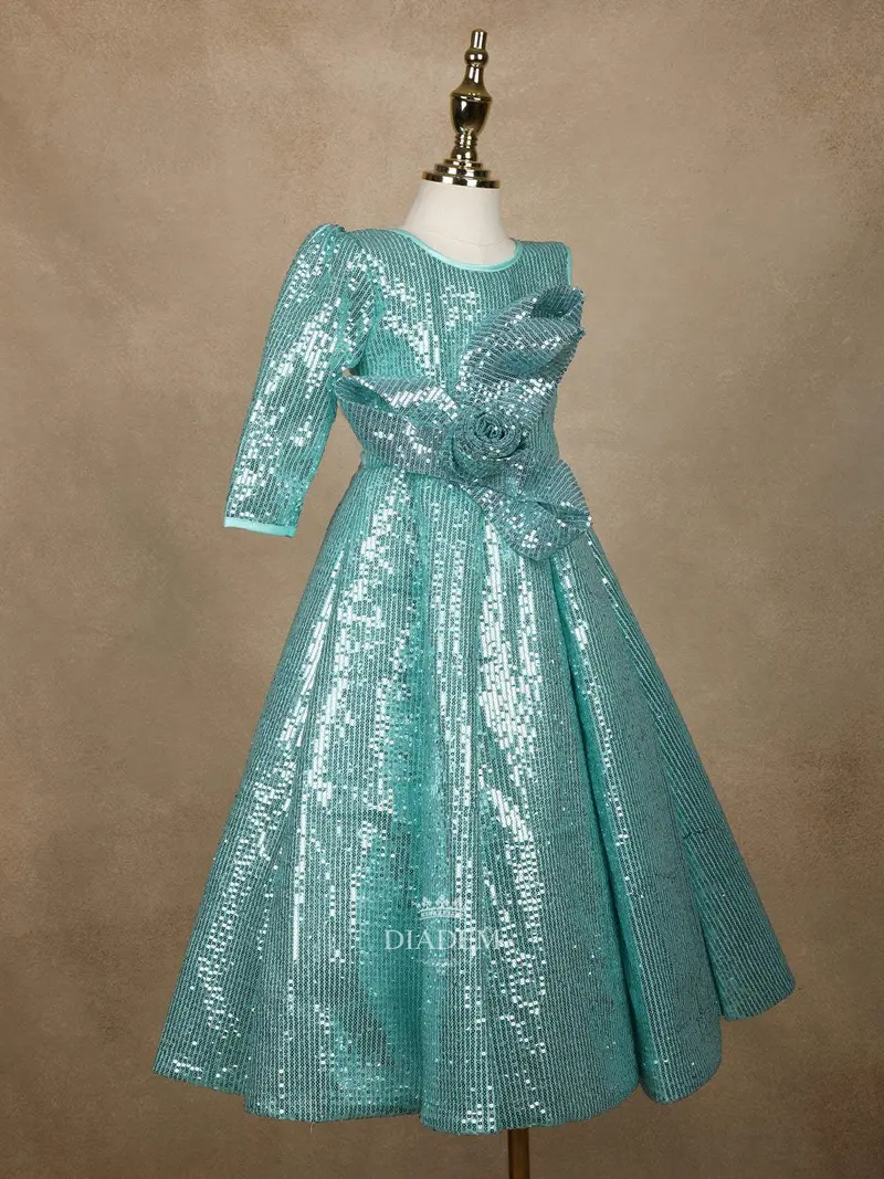 Aqua Blue 3D Floral Designed Net Party Wear Gown For Girls 1