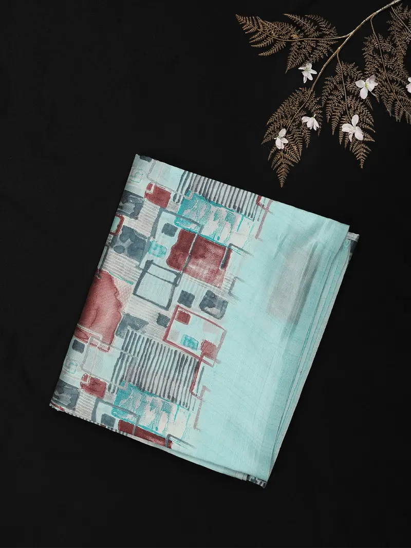Aqua Blue Abstract Printed Design Blended Cotton Saree 1