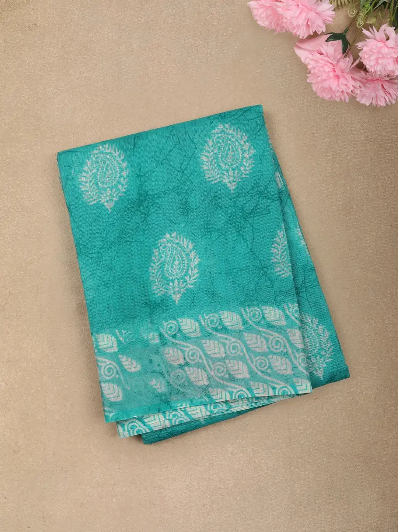 Aqua Blue Abstract Printed Design Linen Cotton Casual Wear Saree 1