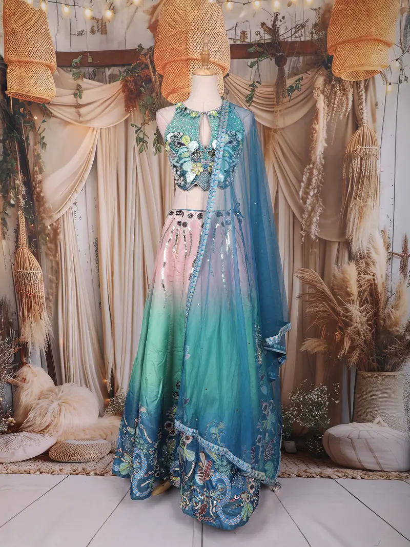 Aqua Blue And Blush Pink Sequins And Bead Embroidered Tissue Silk Lehenga Set 1