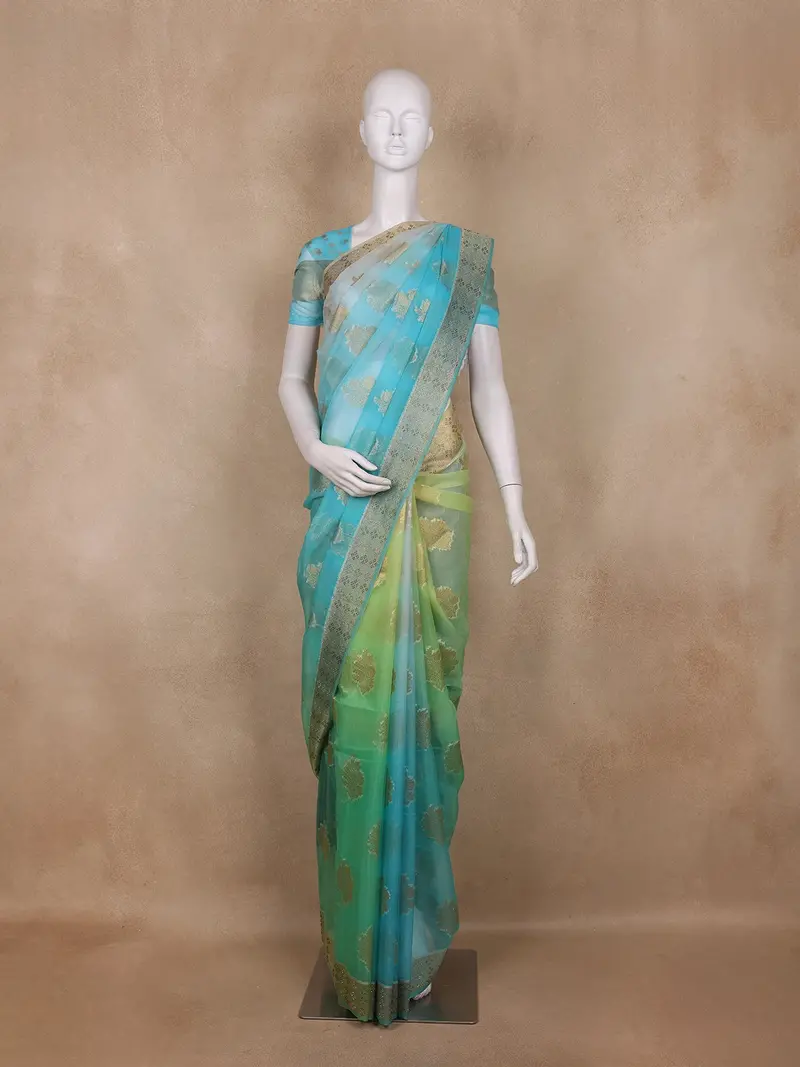 Aqua Blue And Lime Green Floral Leaf Butta Design Organza Saree 1