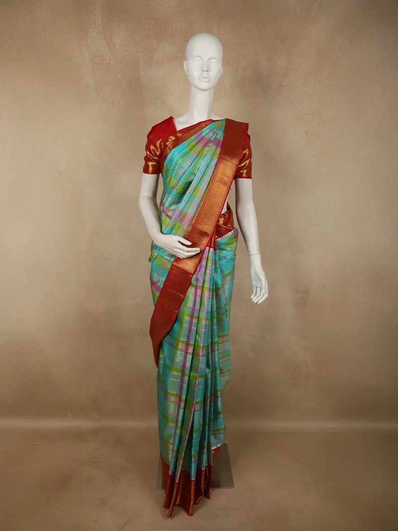 Aqua Blue And Pastel Pink Checked Woven Design Pure Kanchipuram Silk Saree With Contrast Zari Border 1