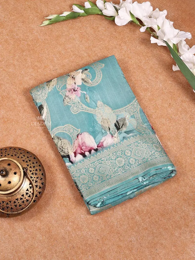 Aqua Blue Banarasi Saree With Floral Design On The Body With Designed Border 1