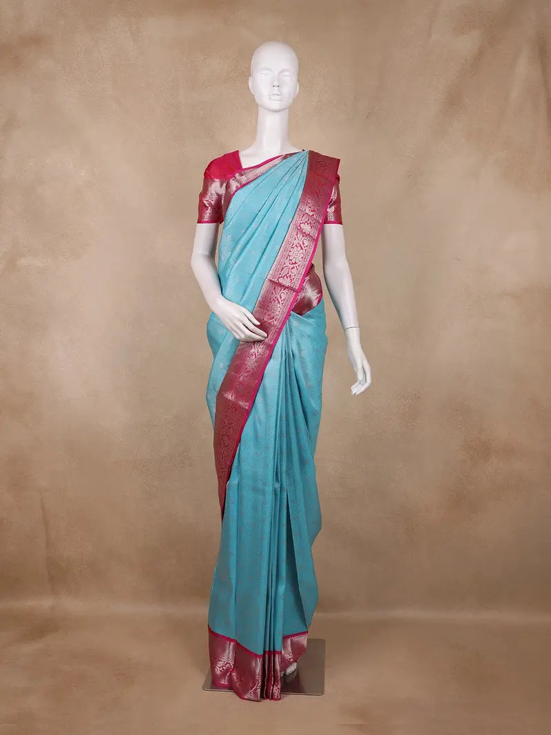 Aqua Blue Butta Woven Design Kanchipuram Silk Saree With Korvai Silver Border 1