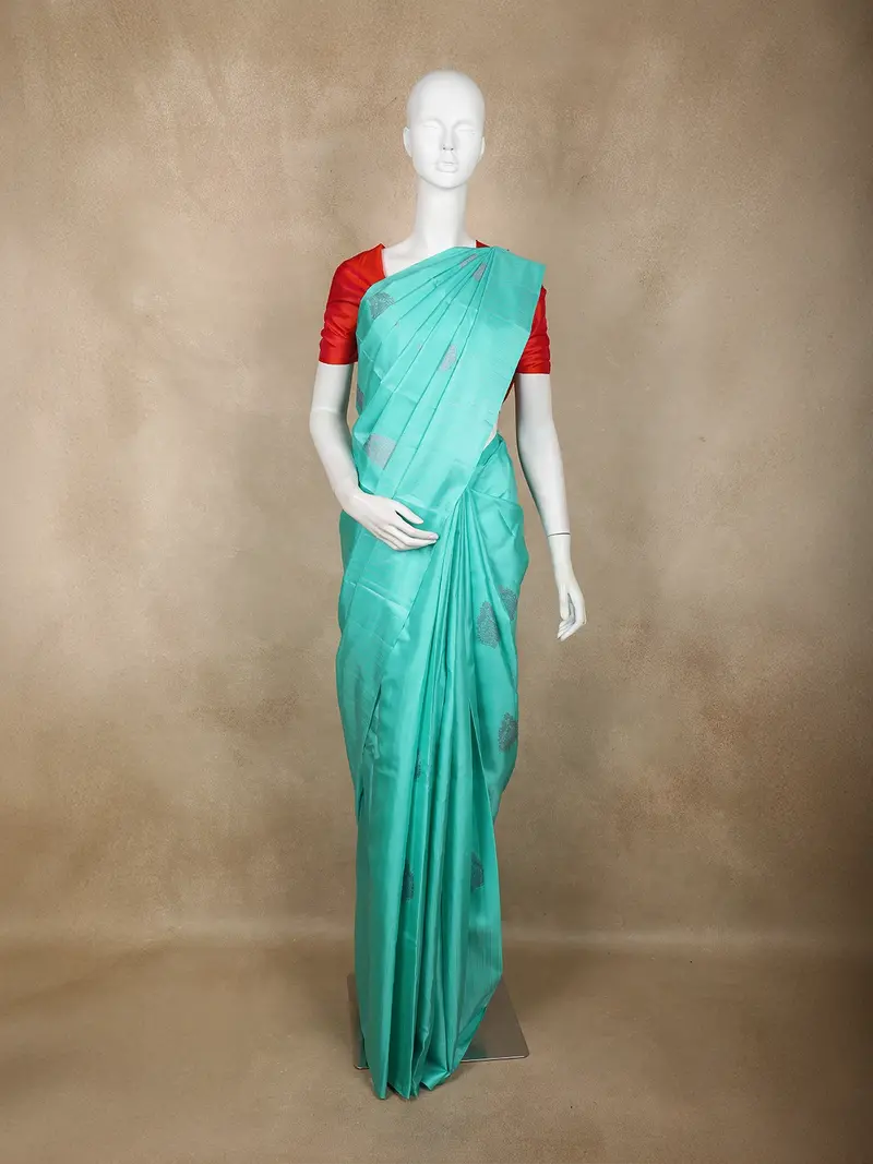 Aqua Blue Butta Woven Design Pure Kanchipuram Silk Saree With Contrast Red Blouse 1
