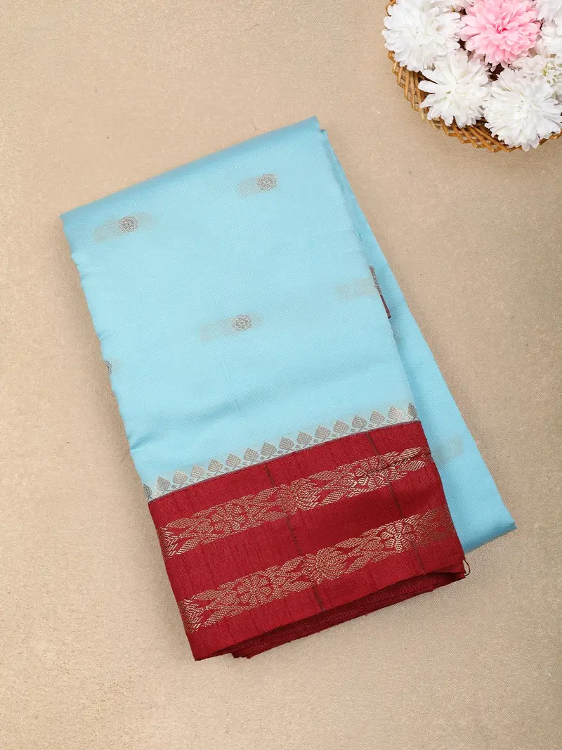 Aqua Blue Butta Woven Design Soft Silk Fancy Wear Saree With Contrast Zari Border 1