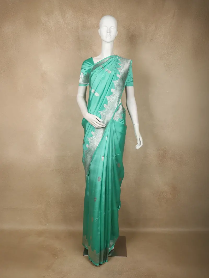 Aqua Blue Butta Zari Woven Design Pure Banarasi Saree With Silver Zari Border 1