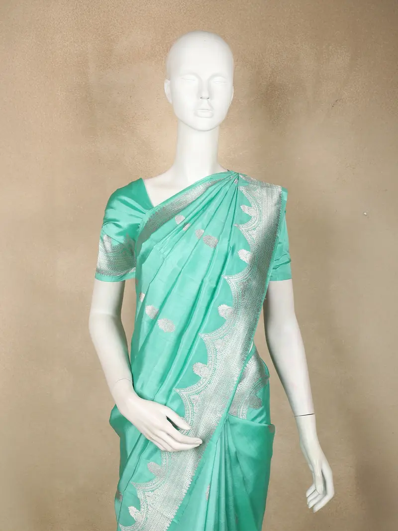 Aqua Blue Butta Zari Woven Design Pure Banarasi Saree With Silver Zari Border 2