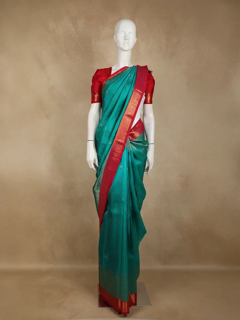 Aqua Blue Butta Zari Woven Design Pure Kanchipuram Silk Saree With Contrast Border 1