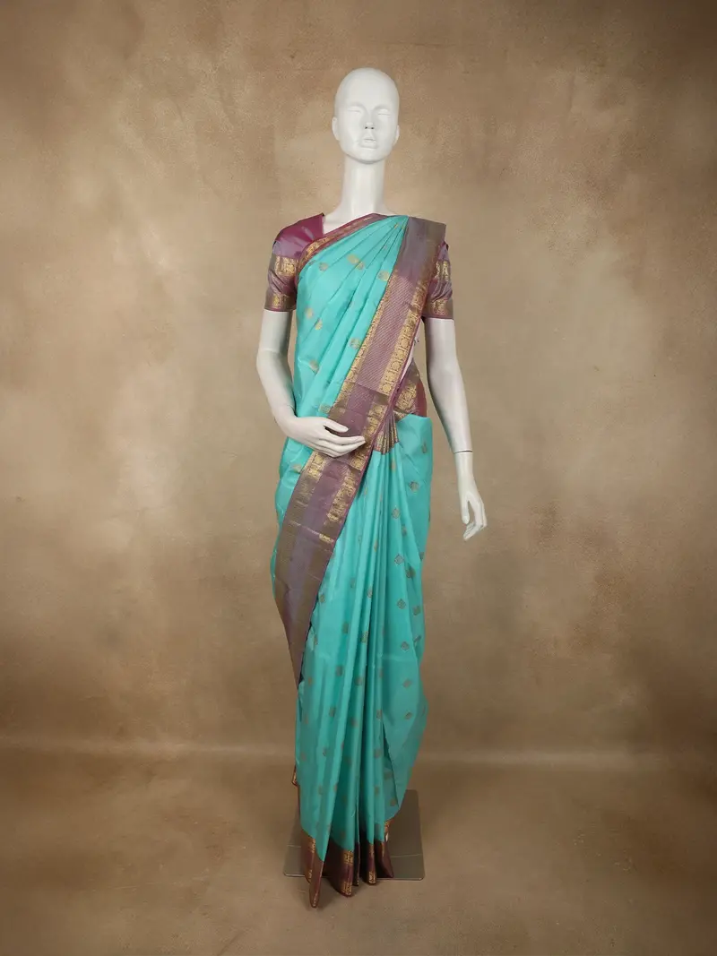 Aqua Blue Butta Zari Woven Design Pure Kanchipuram Silk Saree With Contrast Zari Border 1