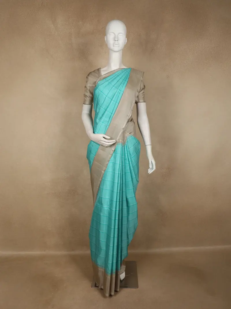 Aqua Blue Checked Design Pure Kanchipuram Silk Saree With Gold Zari Border 1