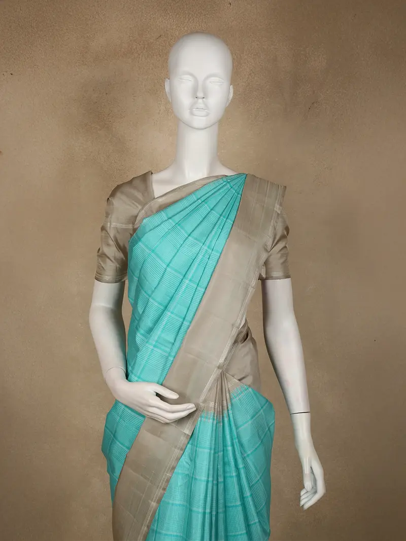 Aqua Blue Checked Design Pure Kanchipuram Silk Saree With Gold Zari Border 2