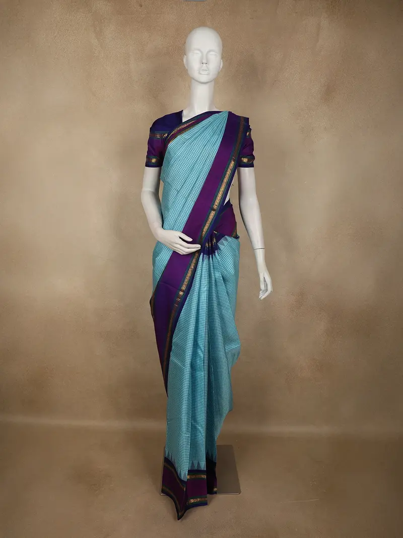 Aqua Blue Checked Woven Design Pure Kanchipuram Silk Saree With Contrast Temple Border 1