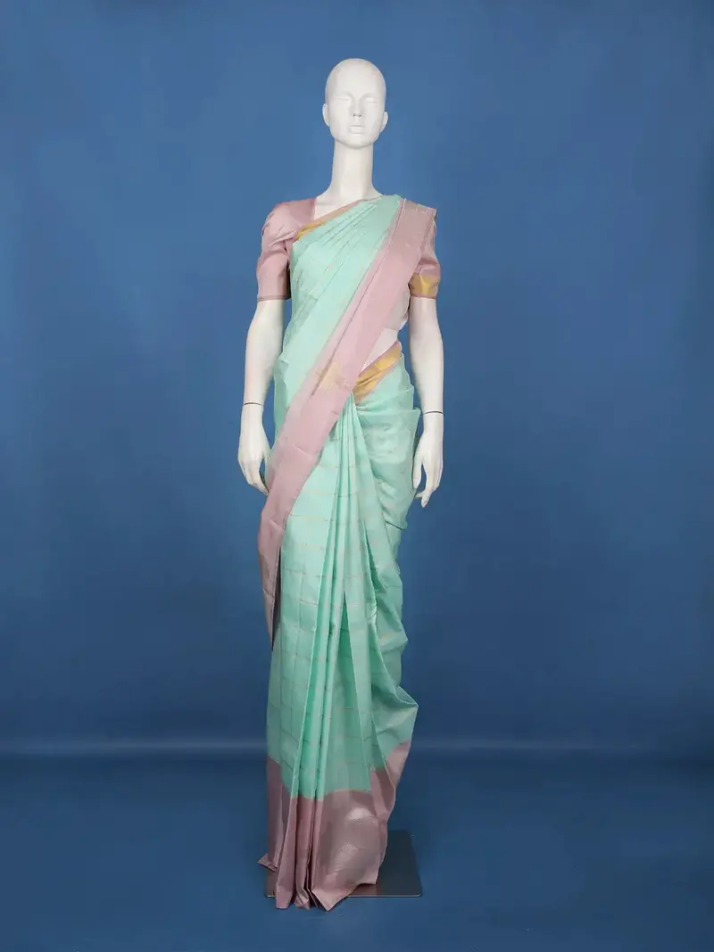 Aqua Blue Checked Woven Pure Kanchipuram Silk Saree With Contrast Border 1