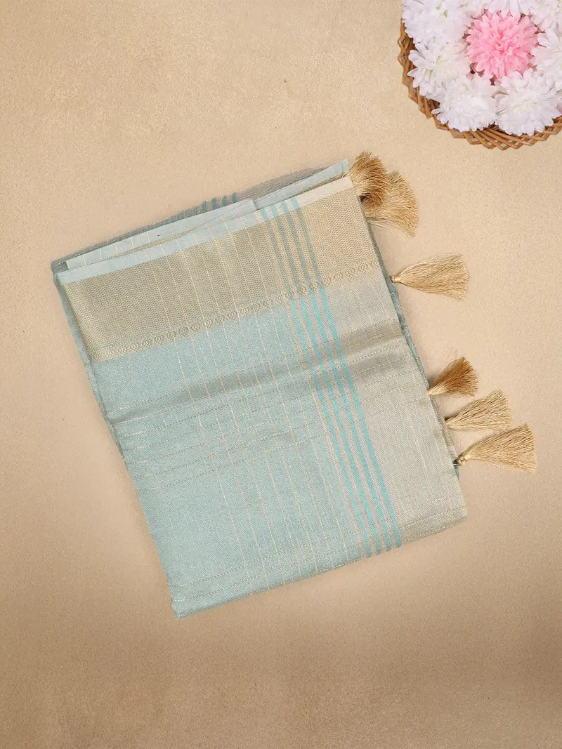 Aqua Blue Checked Woven Tissue Saree With Zari Border 1